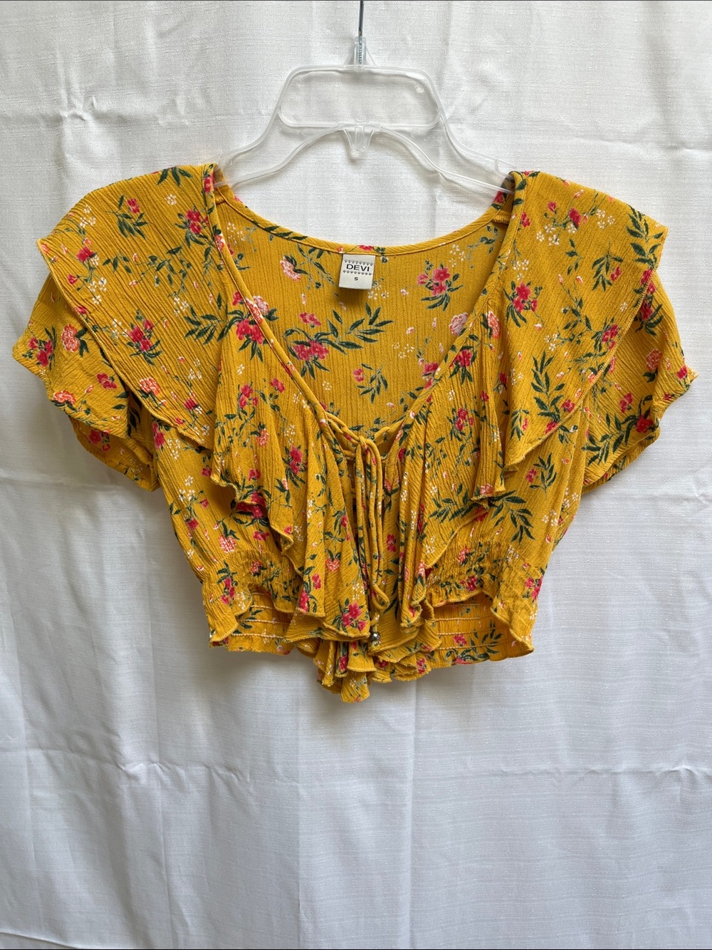 Yellow Flowered Ruffled Lace-Up Crop Top